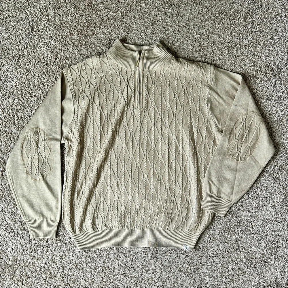 Stacy Adams‎ I Men's Tan Cable Knit 1/4 Zip Sweater I XL I Elbow Patches I Golf